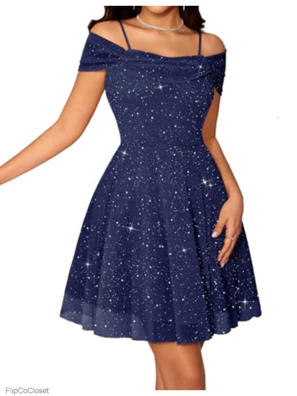 Sequined Sparkly Mini Cocktail Dress with Cowl Neck Adjustable Straps